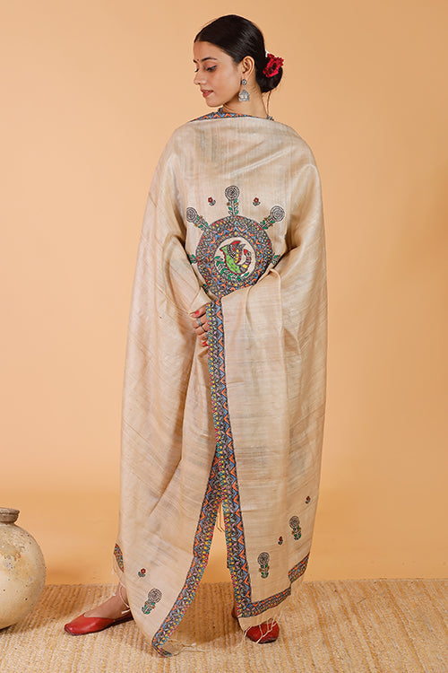 'Maithili' Handpainted Madhubani Tussar Silk Dupatta