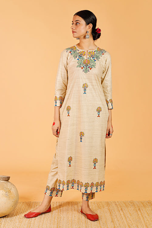 'Surmai Kamal' Handpainted Madhubani Cotton Kurta