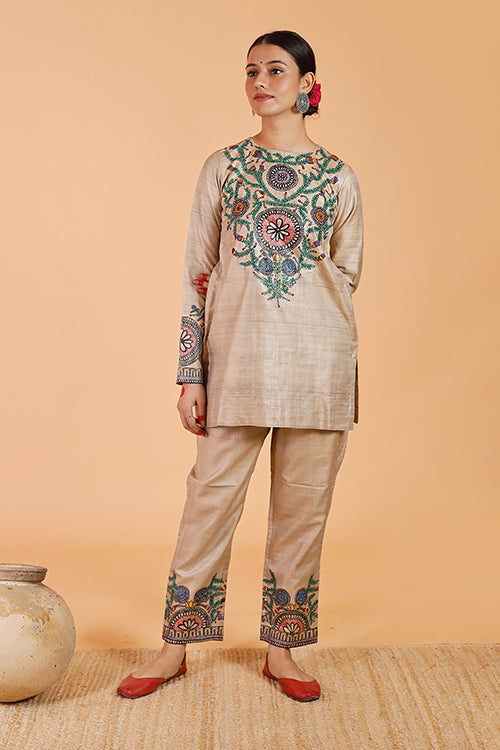 'Flowers of Mithila' Handpainted Madhubani Tussar Silk Kurta