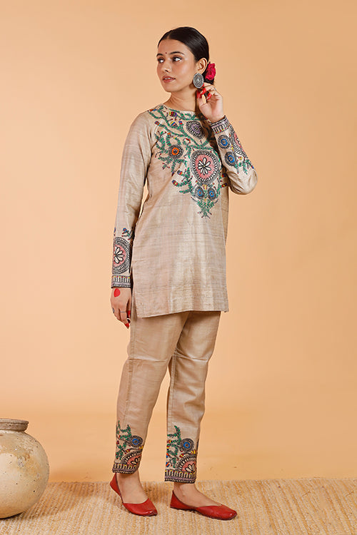 'Flowers of Mithila' Handpainted Madhubani Tussar Silk Pant