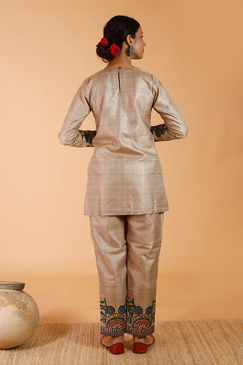 'Flowers of Mithila' Handpainted Madhubani Tussar Silk Pant