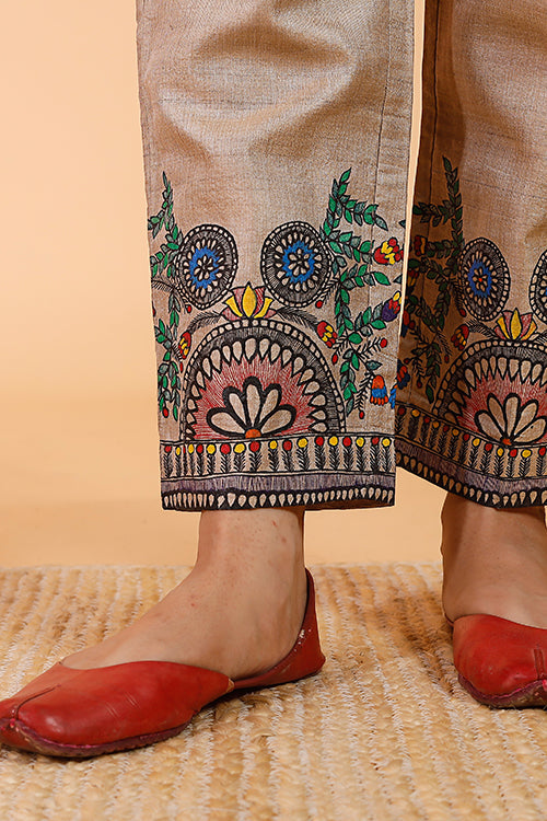 'Flowers of Mithila' Handpainted Madhubani Tussar Silk Pant