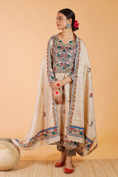 'Anuragini' Handpainted Madhubani Tussar Silk Dupatta