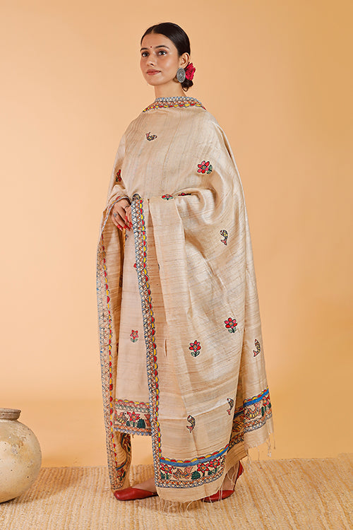 'Anuragini' Handpainted Madhubani Tussar Silk Dupatta