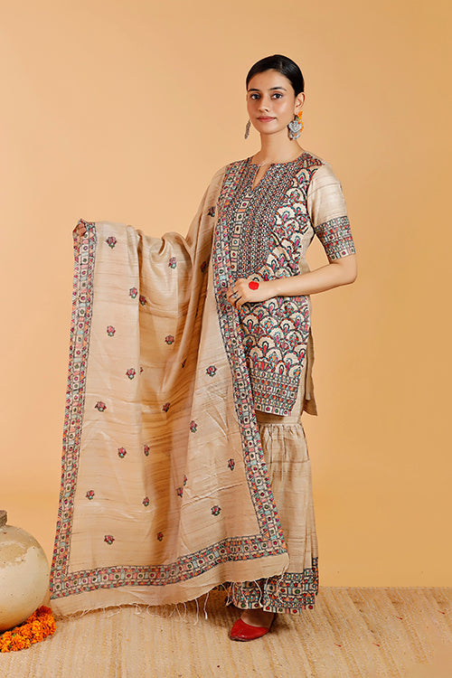 'Prakriti' Handpainted Madhubani Tussar Silk Dupatta