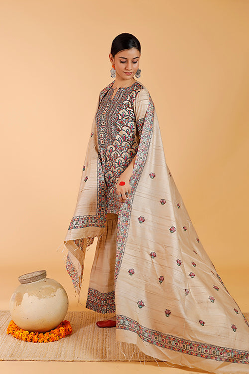'Prakriti' Handpainted Madhubani Tussar Silk Dupatta