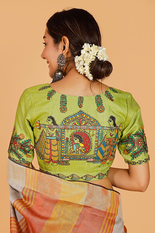 'Doli Bidai' Handpainted Madhubani Tussar Silk Blouse