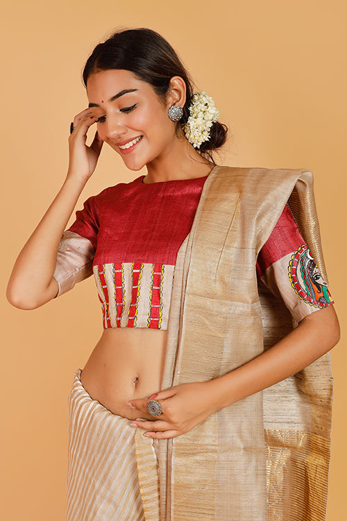 'Bengali Sindoordaan' Handpainted Madhubani Tussar Silk Blouse