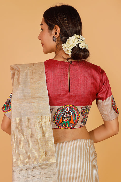 'Bengali Sindoordaan' Handpainted Madhubani Tussar Silk Blouse