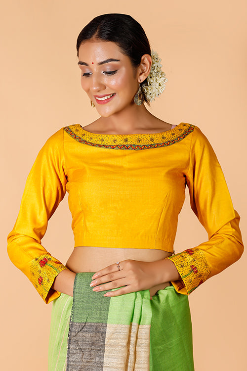 'Saraswati' Handpainted Madhubani Moonga Silk Blouse