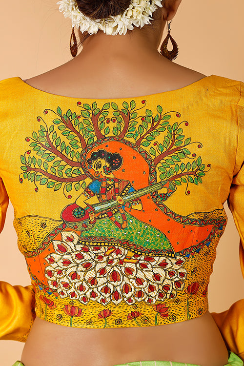 'Saraswati' Handpainted Madhubani  Moonga Silk Blouse
