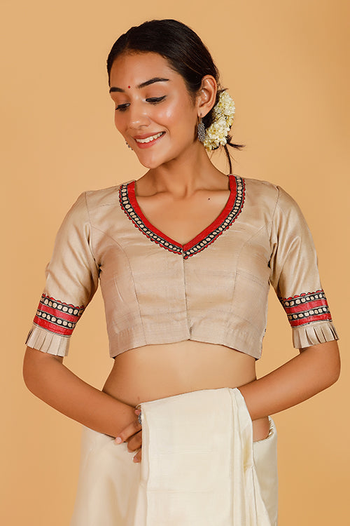 'Nandgopal Radha' Handpainted Madhubani Tussar Silk Blouse