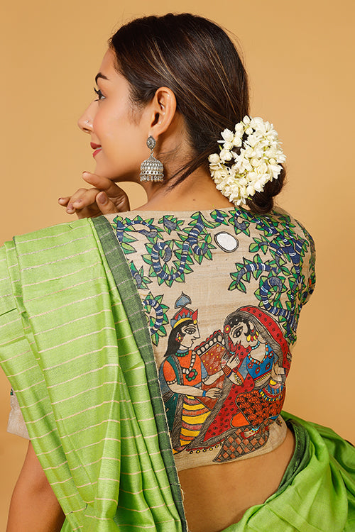 'Radha Krishna Raasleela' Handpainted Madhubani Tussar Silk Blouse
