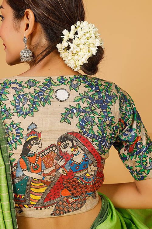 'Radha Krishna Raasleela' Handpainted Madhubani Tussar Silk Blouse
