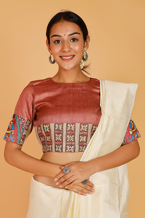 'Mithila Bride' Handpainted Madhubani Tussar Silk Blouse