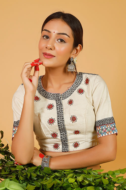 'Govardhan Leela' Handpainted Madhubani  Moonga Silk Blouse