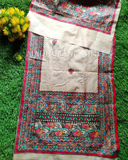 A beige and multicolor silk stole with floral Madhubani Painting