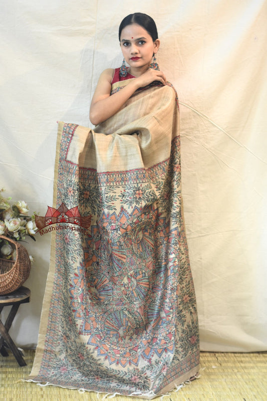 Peacock On Tree Handpainted Silk Saree