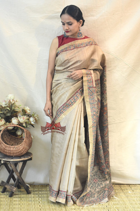 Peacock On Tree Handpainted Silk Saree