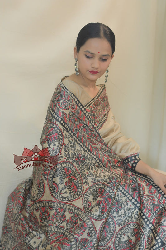 Madhubani Surmain Laal Kala Kachni Bharni Saree