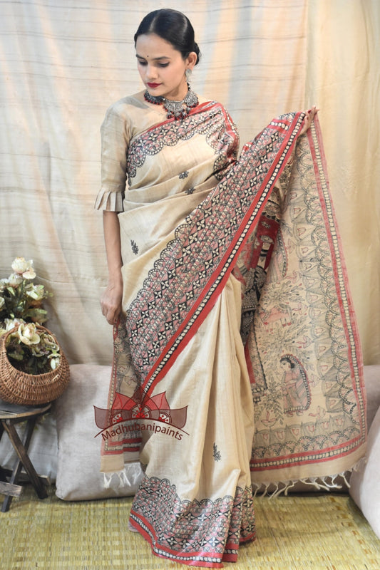 Maa Durga Red Black Hadpainted Tussar Saree