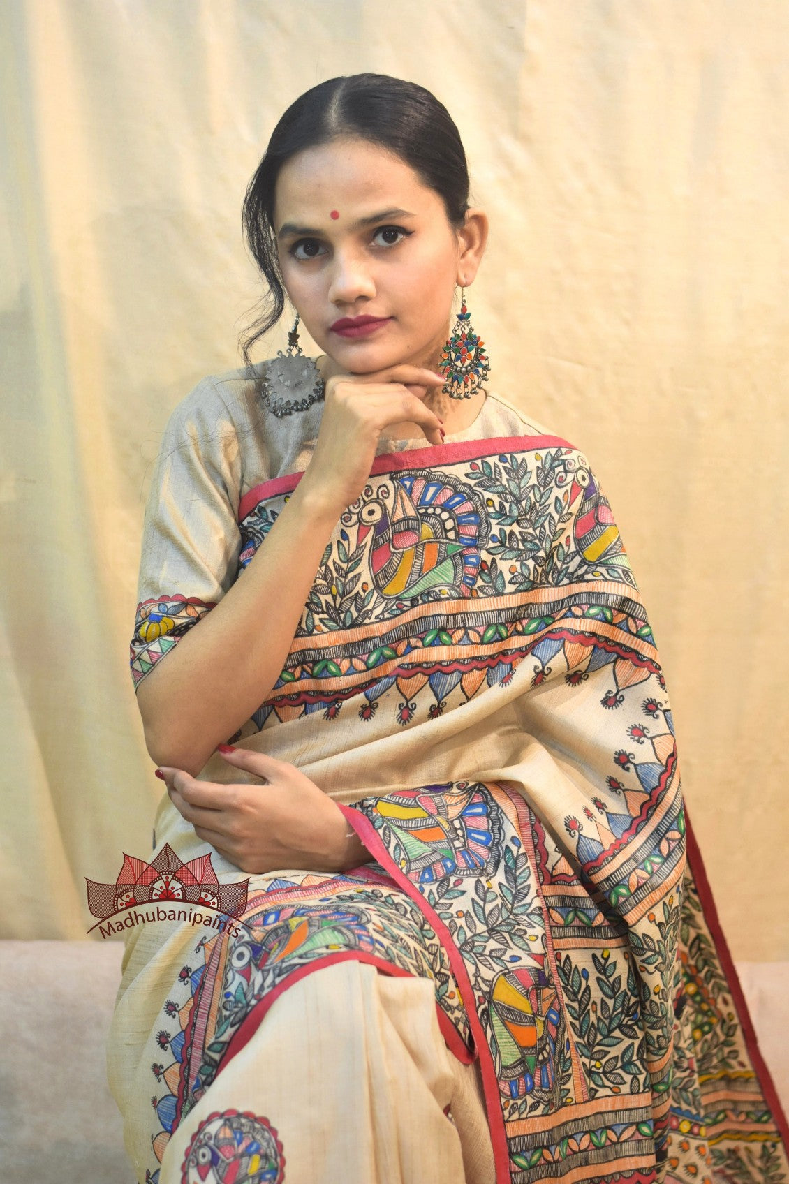 Madhubani Ramayna Kaatha Handpainted Saree Blouse Set