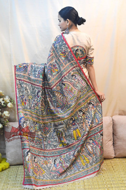 Madhubani Ramayna Kaatha Handpainted Saree Blouse Set