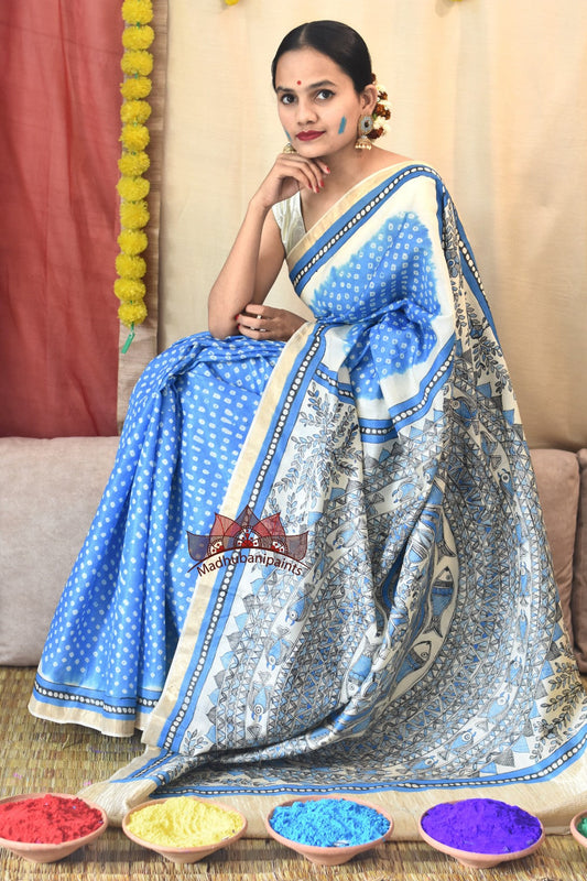 Madhubani Bandhani NEELI Mayur- Surmai Mandara Handpainted Saree