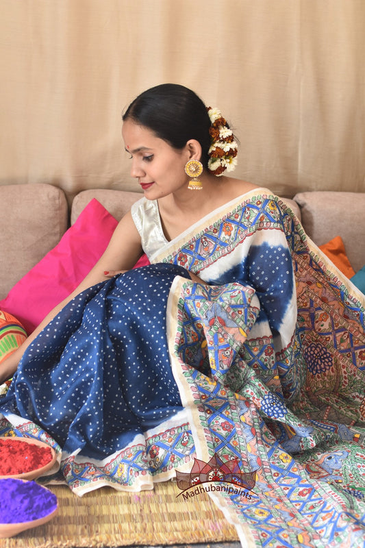 Neeli Vrindavan Bandhej Hand Painted Saree