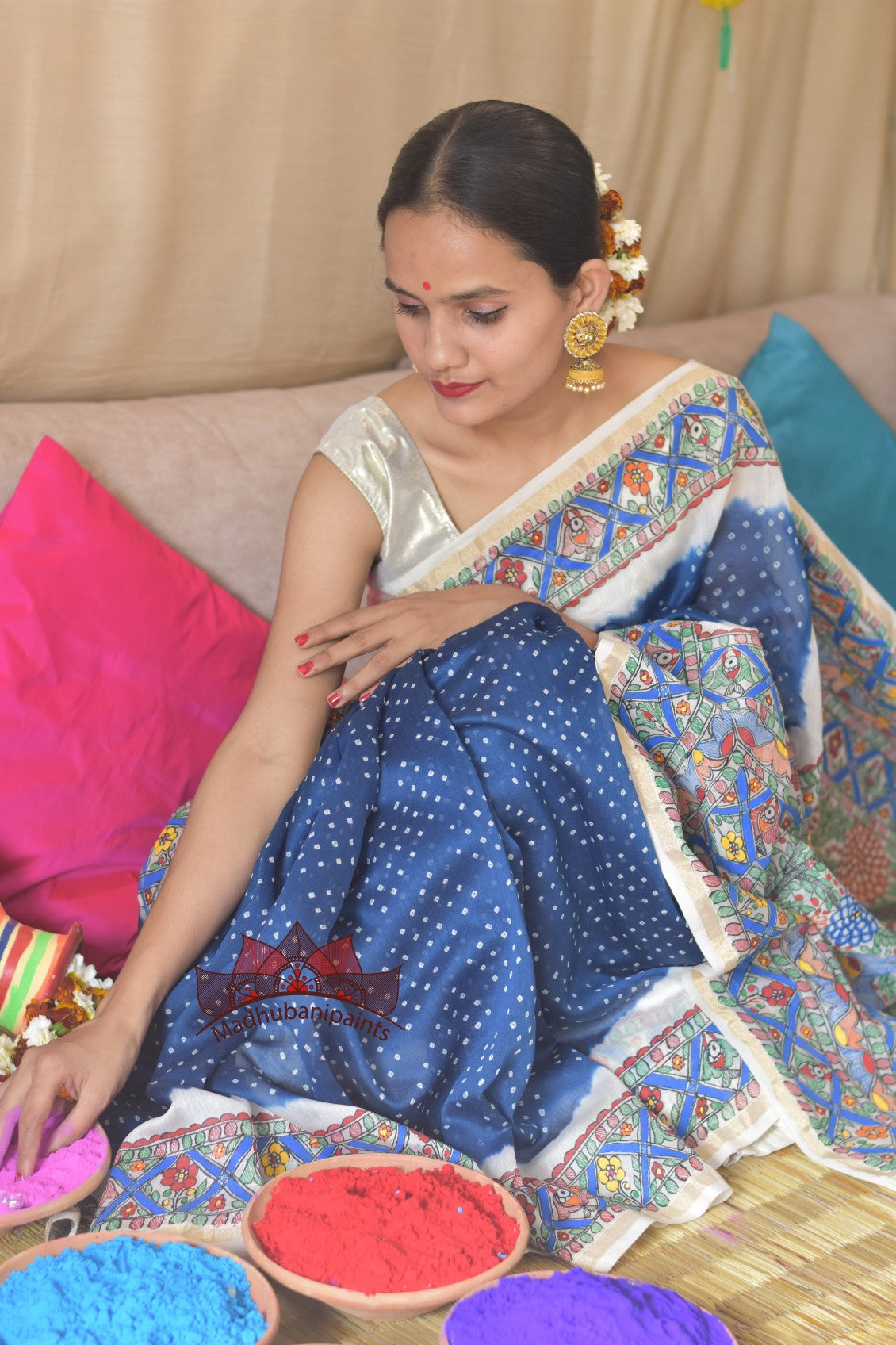 Neeli Vrindavan Bandhej Hand Painted Saree