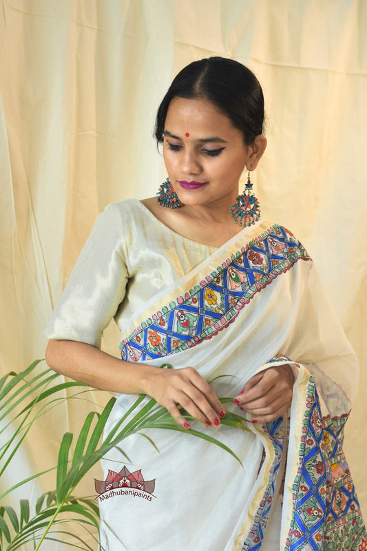 Blue Mithila Box Hand Painted Saree