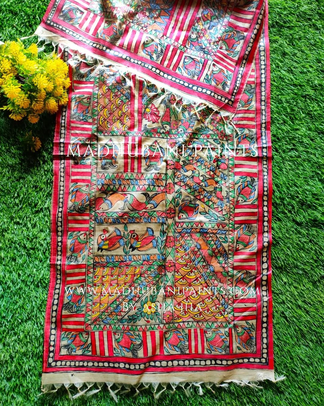 Full Madhubani Motif Tussar Silk Stole