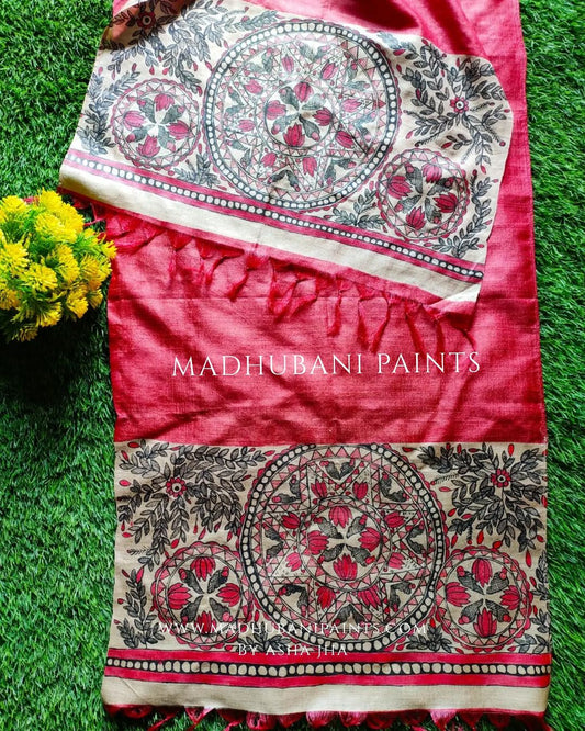 Saankh Lotus Tussar Silk Red Stole